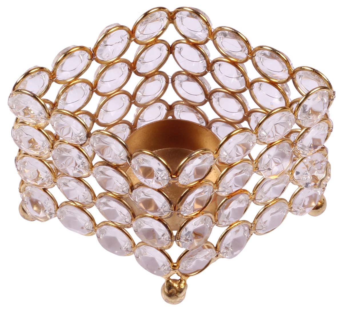 Square-Shaped Tea-Light Candle Holder - Golden Finish Metal Frame - Faux Gemstones - Unique Candle Stands - Buy in Bulk Wholesale