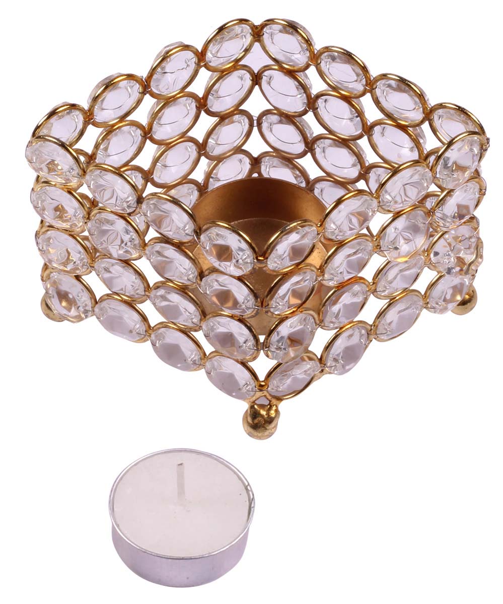 Square-Shaped Tea-Light Candle Holder - Golden Finish Metal Frame - Faux Gemstones - Unique Candle Stands - Buy in Bulk Wholesale