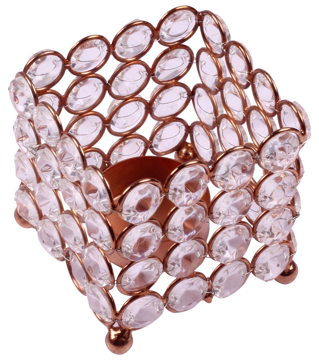 Square-Shaped Tea-Light Candle Holder - Copper Finish Metal Frame - Faux Gemstones - Unique Candle Stands - Buy in Bulk Wholesale
