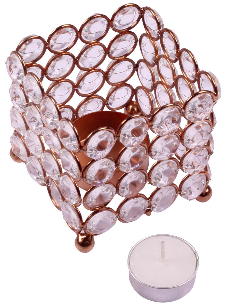 Square-Shaped Tea-Light Candle Holder - Copper Finish Metal Frame - Faux Gemstones - Unique Candle Stands - Buy in Bulk Wholesale