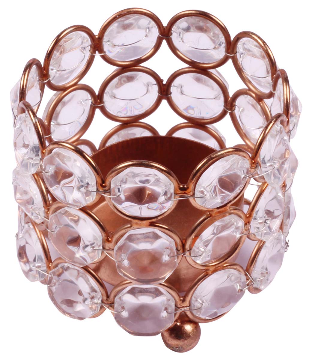 Round-Shaped Tea-Light Candle Holder - Copper Finish Metal Frame - Faux Gemstones - Decorative Candle Stands - Buy in Bulk Wholesale