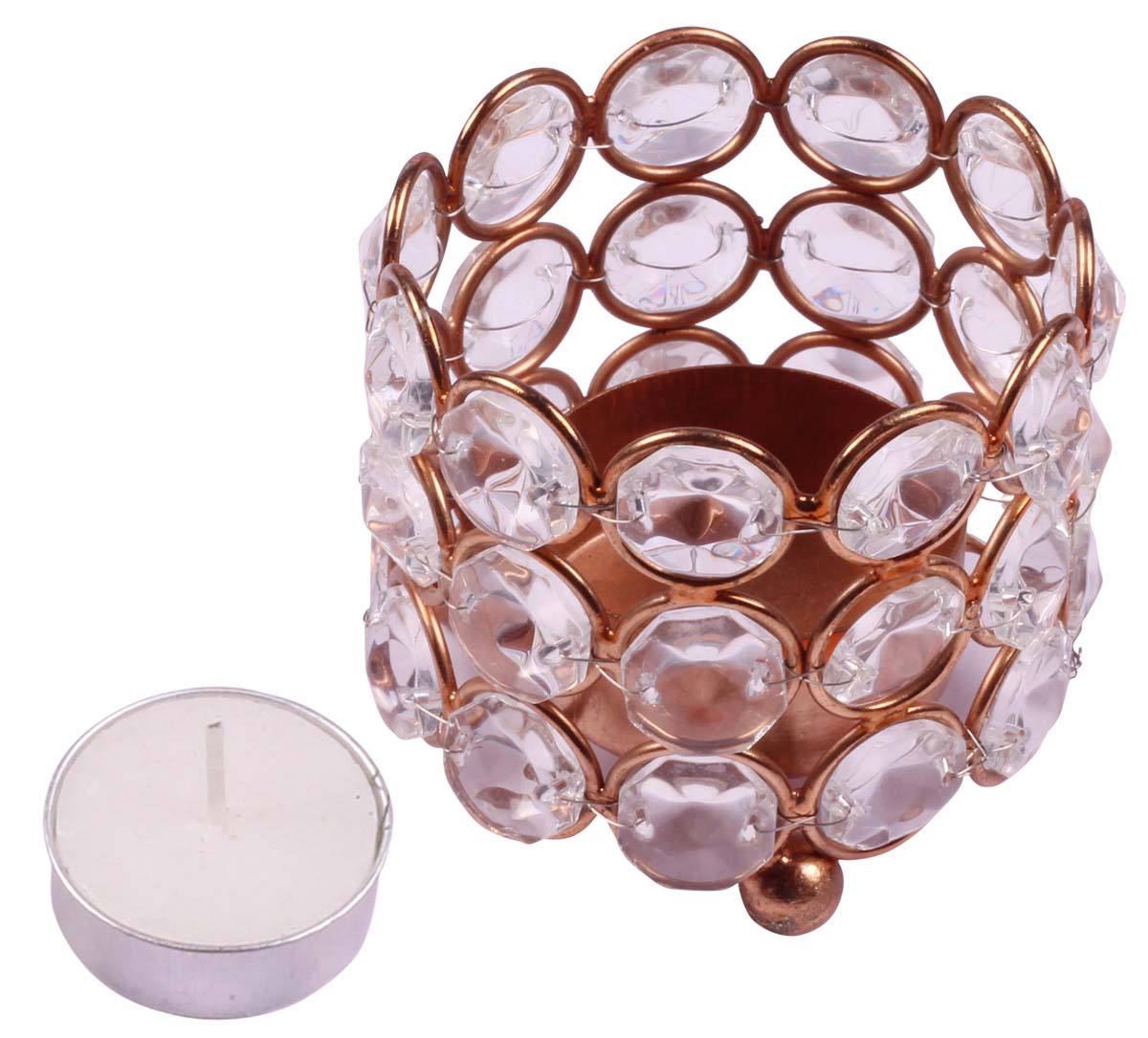 Round-Shaped Tea-Light Candle Holder - Copper Finish Metal Frame - Faux Gemstones - Decorative Candle Stands - Buy in Bulk Wholesale