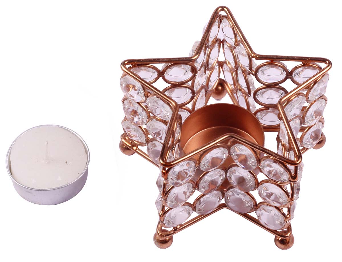 Star-Shaped Tea-Light Candle Holder - Copper Finish Metal Frame - Faux Gemstones - Decorative Candle Stands - Buy in Bulk Wholesale