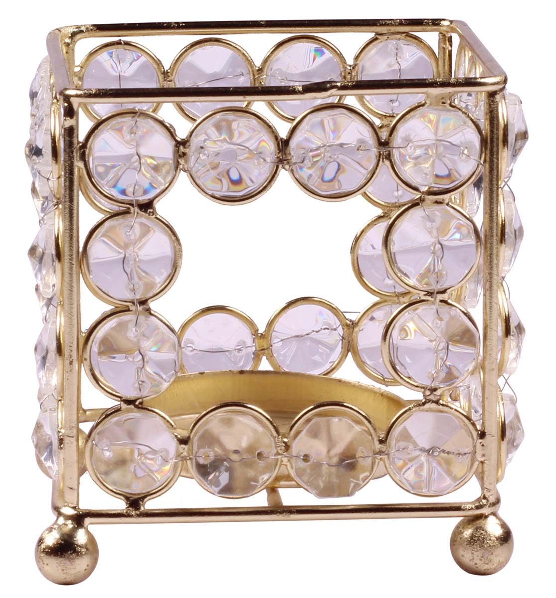 Tea-Light Candle Holder - Golden Finish Metal Frame & Faux Gemstones - Square-Shaped - Decorative Candle Stands - Buy in Bulk Wholesale