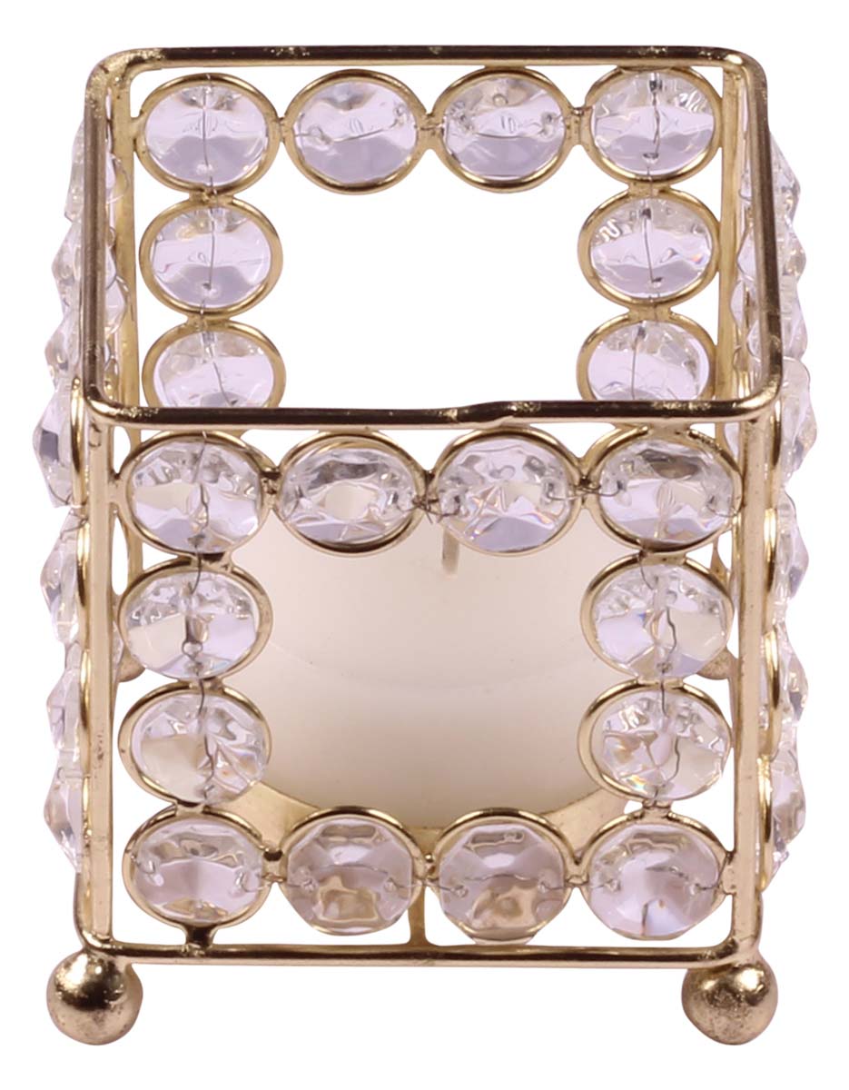Tea-Light Candle Holder - Golden Finish Metal Frame & Faux Gemstones - Square-Shaped - Decorative Candle Stands - Buy in Bulk Wholesale