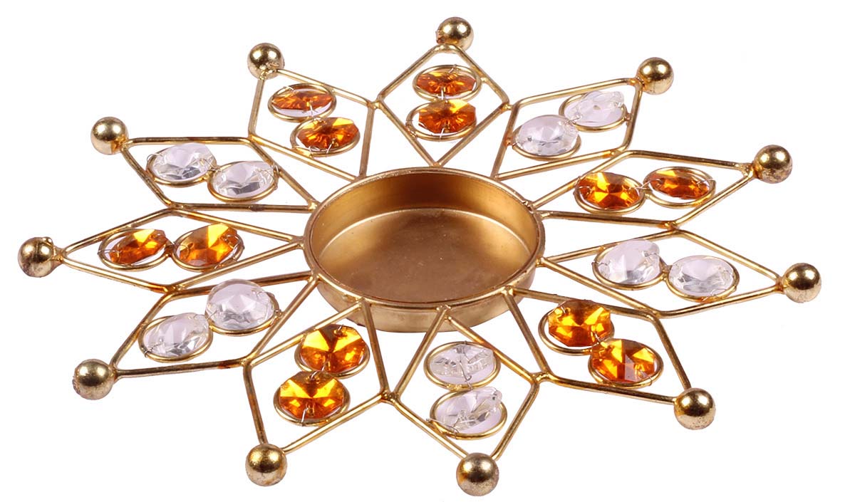 Asanoha Motif Tea-Light Candle Holder - Golden Finish Metal Frame - Colorless & Orange Faux Gemstones - Decorative Candle Stands - Buy in Bulk Wholesale