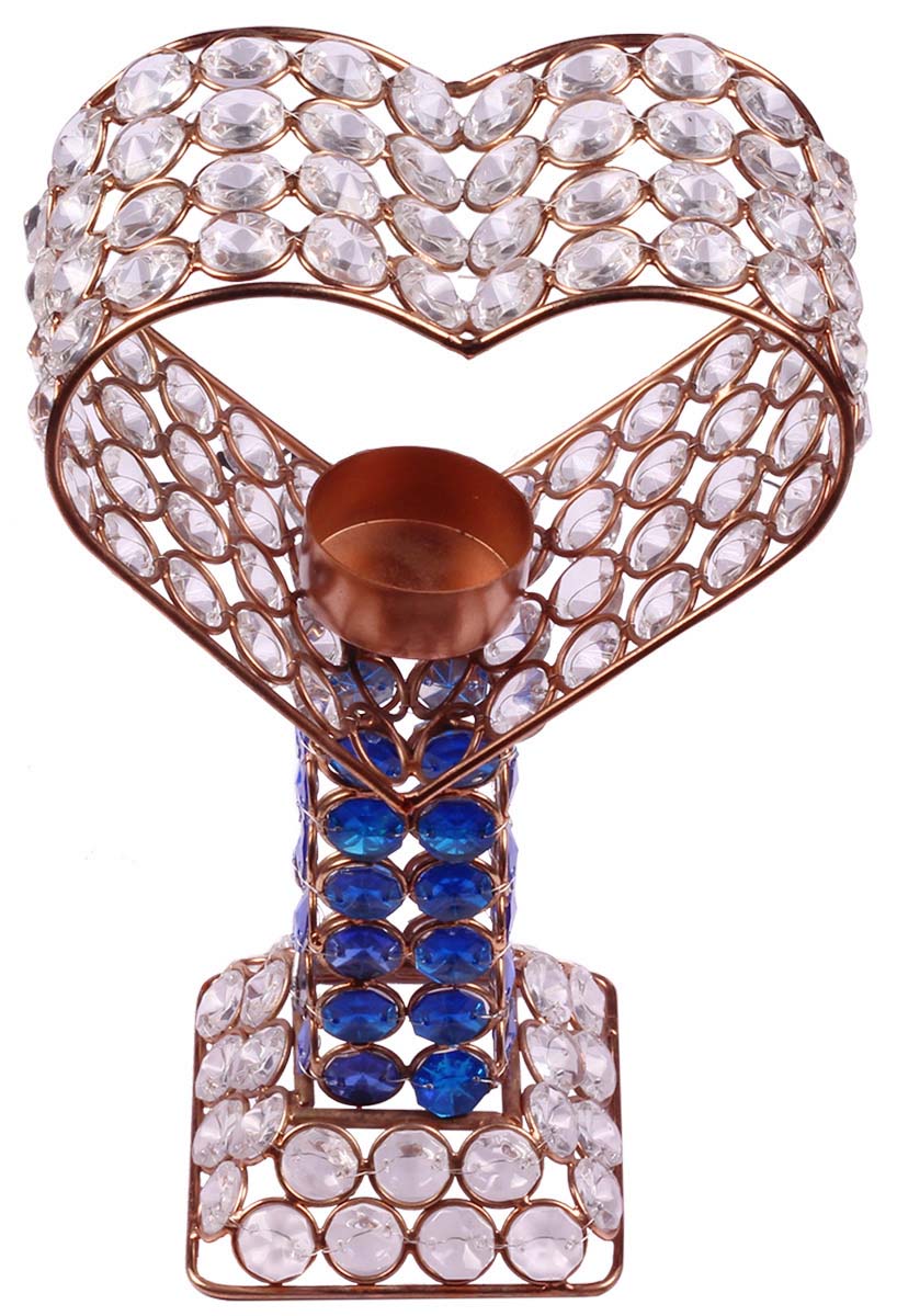 Tea-Light Candle Holder - Heart Shaped - Copper Finish Metal Frame - Colorless & Blue Faux Gemstones - Decorative Candle Stands - Buy in Bulk Wholesale