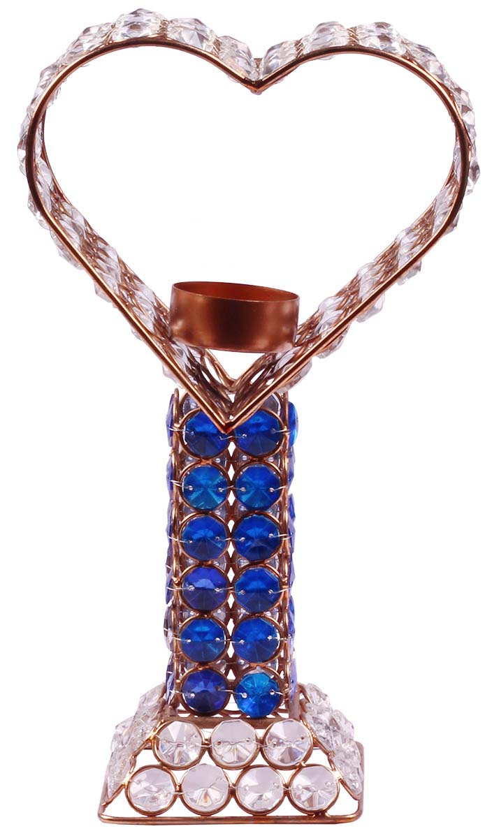Tea-Light Candle Holder - Heart Shaped - Copper Finish Metal Frame - Colorless & Blue Faux Gemstones - Decorative Candle Stands - Buy in Bulk Wholesale