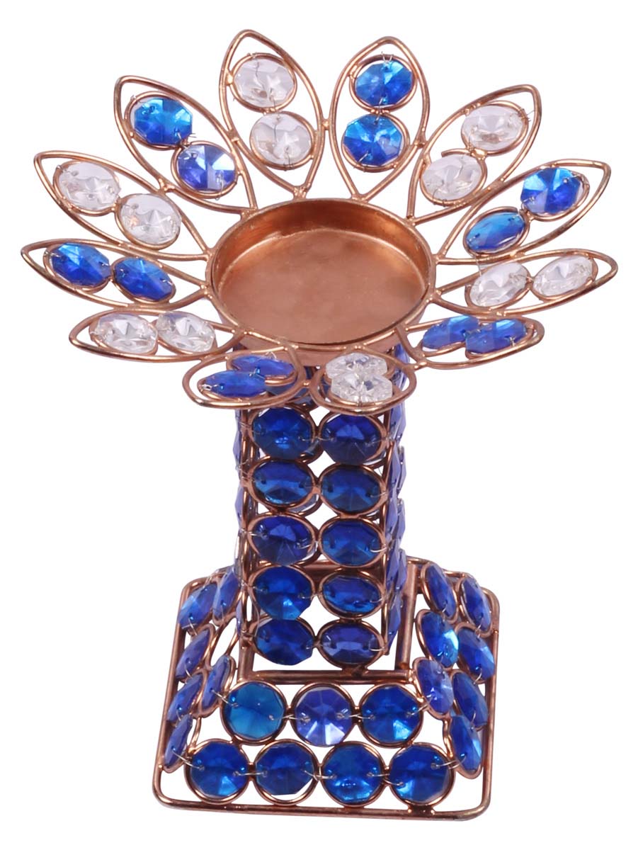 Tea-Light Candle Holder - Flower Shaped - Copper Finish Metal Frame - Colorless & Blue Faux Gemstones - Decorative Candle Stands - Buy in Bulk Wholesale