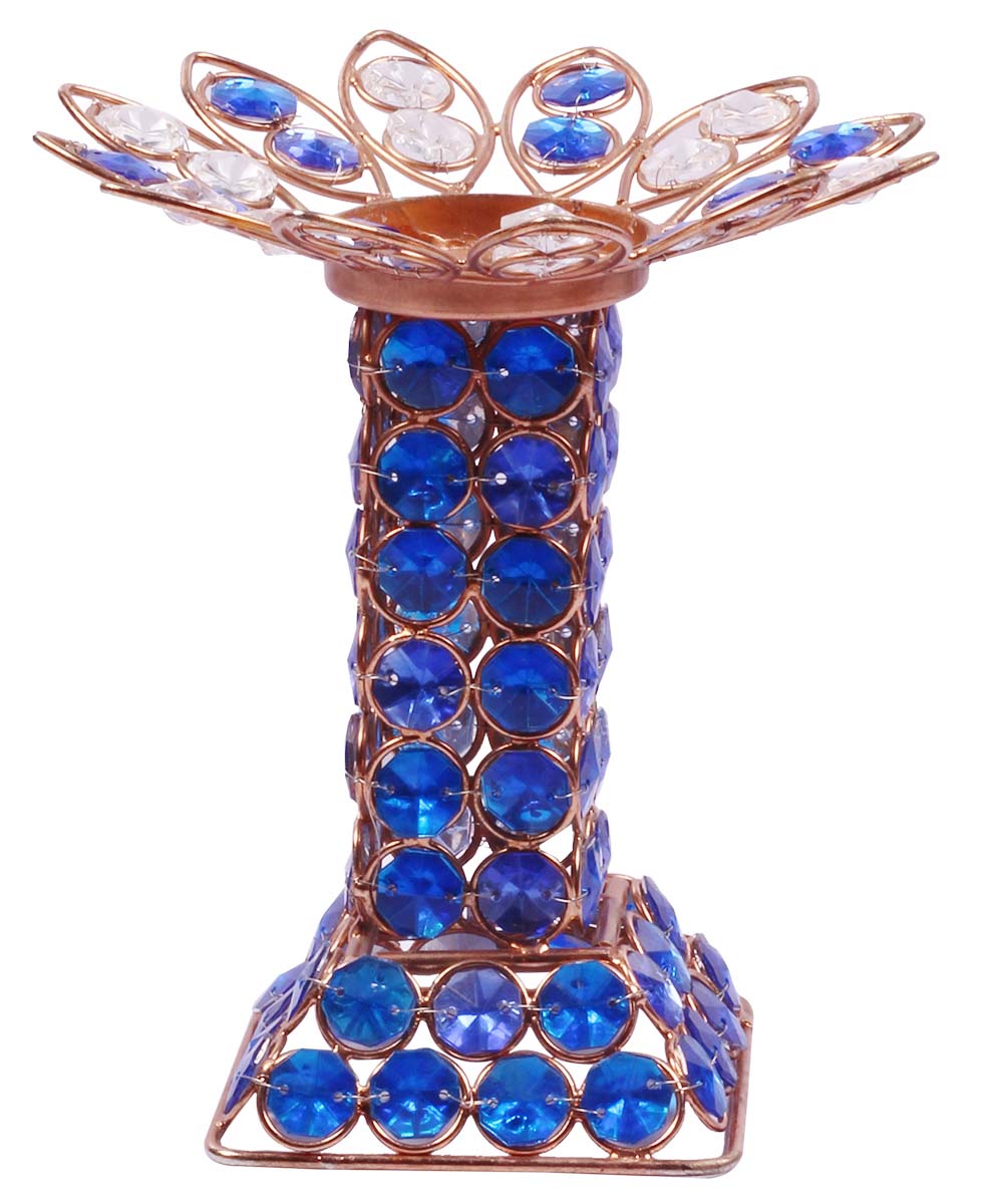 Tea-Light Candle Holder - Flower Shaped - Copper Finish Metal Frame - Colorless & Blue Faux Gemstones - Decorative Candle Stands - Buy in Bulk Wholesale
