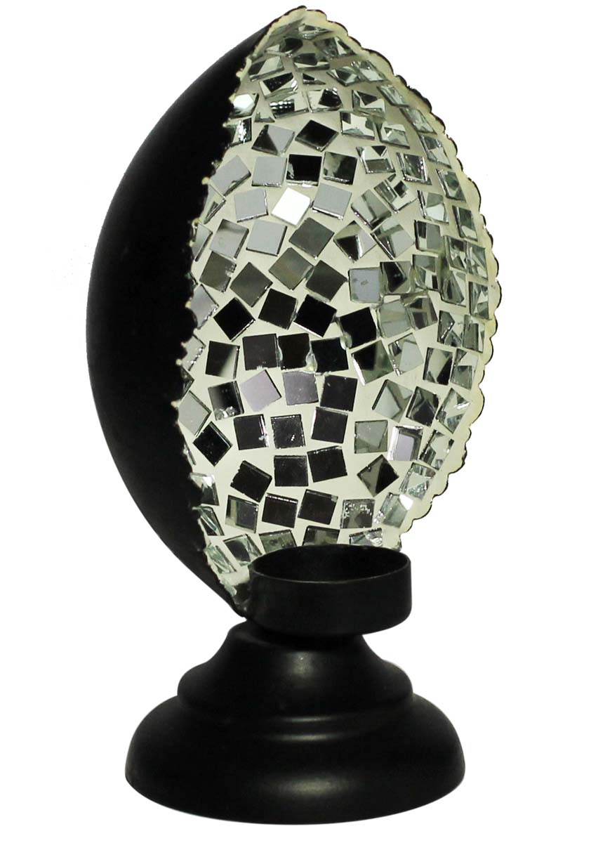 Bulk Wholesale 8.3” Handmade Black Tealight Candle Holder / Votive Candle Stand in Metal with Cut-Pieces of Mirror – Unique Candle Décor