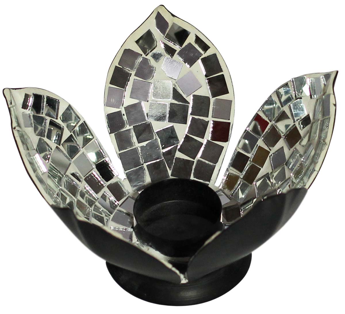 Bulk Wholesale Handmade Flower-Shaped Black & White Tealight Candle Holder in Metal – Adorned with Cut-Pieces of Mirror – Stylish Votive Candle Stands