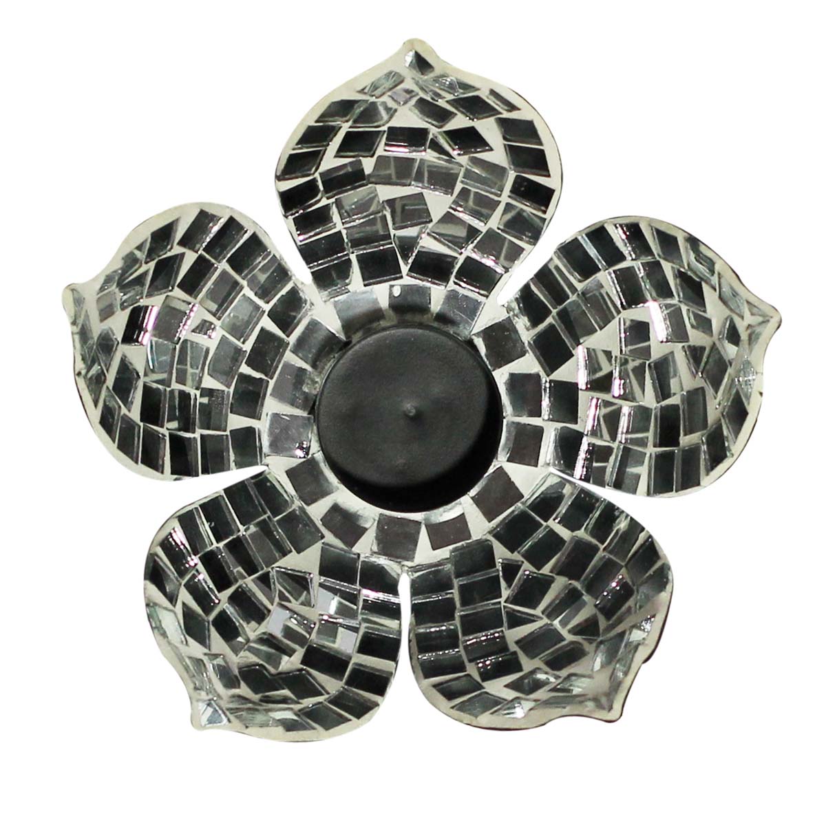 Bulk Wholesale Handmade Flower-Shaped Black & White Tealight Candle Holder in Metal – Adorned with Cut-Pieces of Mirror – Stylish Votive Candle Stands