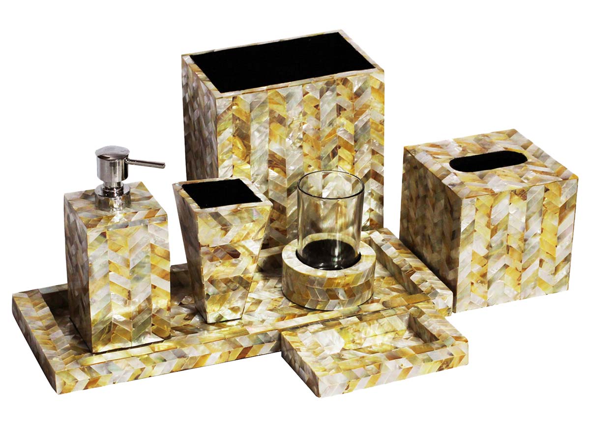 Bulk Wholesale Handmade Yellow & Silver Color Set of 7 Bathroom Accessories in Mother of Pearl - Unique Bath Decor