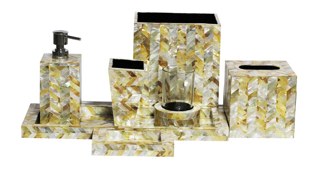 Bulk Wholesale Handmade Yellow & Silver Color Set of 7 Bathroom Accessories in Mother of Pearl - Unique Bath Decor