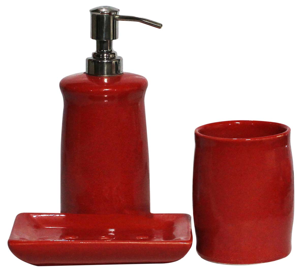 Bulk Wholesale Set of 3 Bathroom Accessories in Red Color - Handmade in Ceramic - Unique Bath Decor