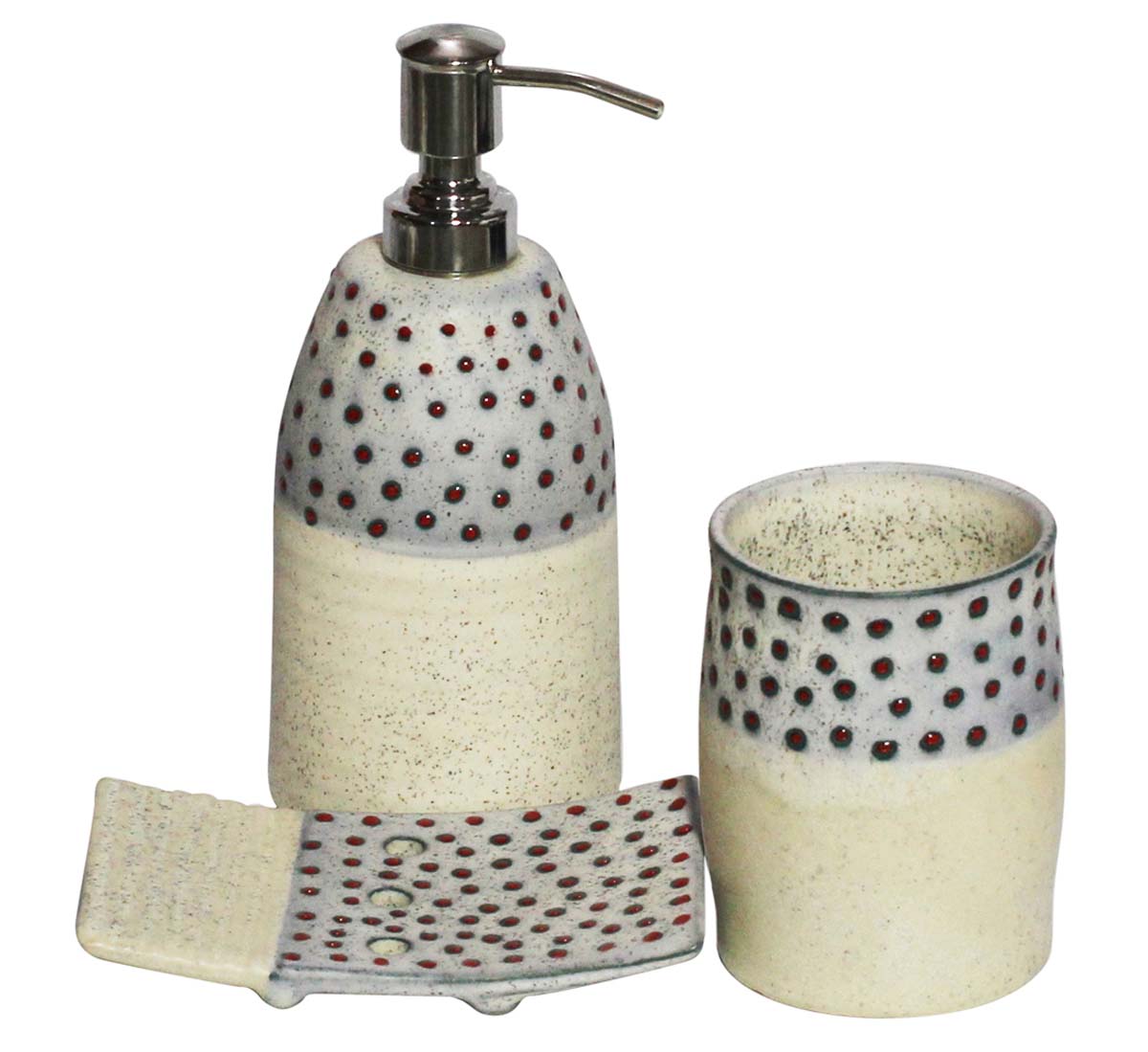 Bulk Wholesale Set of 3 Bathroom Accessories in White & Gray Color with Speckled Effect & Red Dotted Pattern - Handmade in Ceramic - Unique Bath Decor