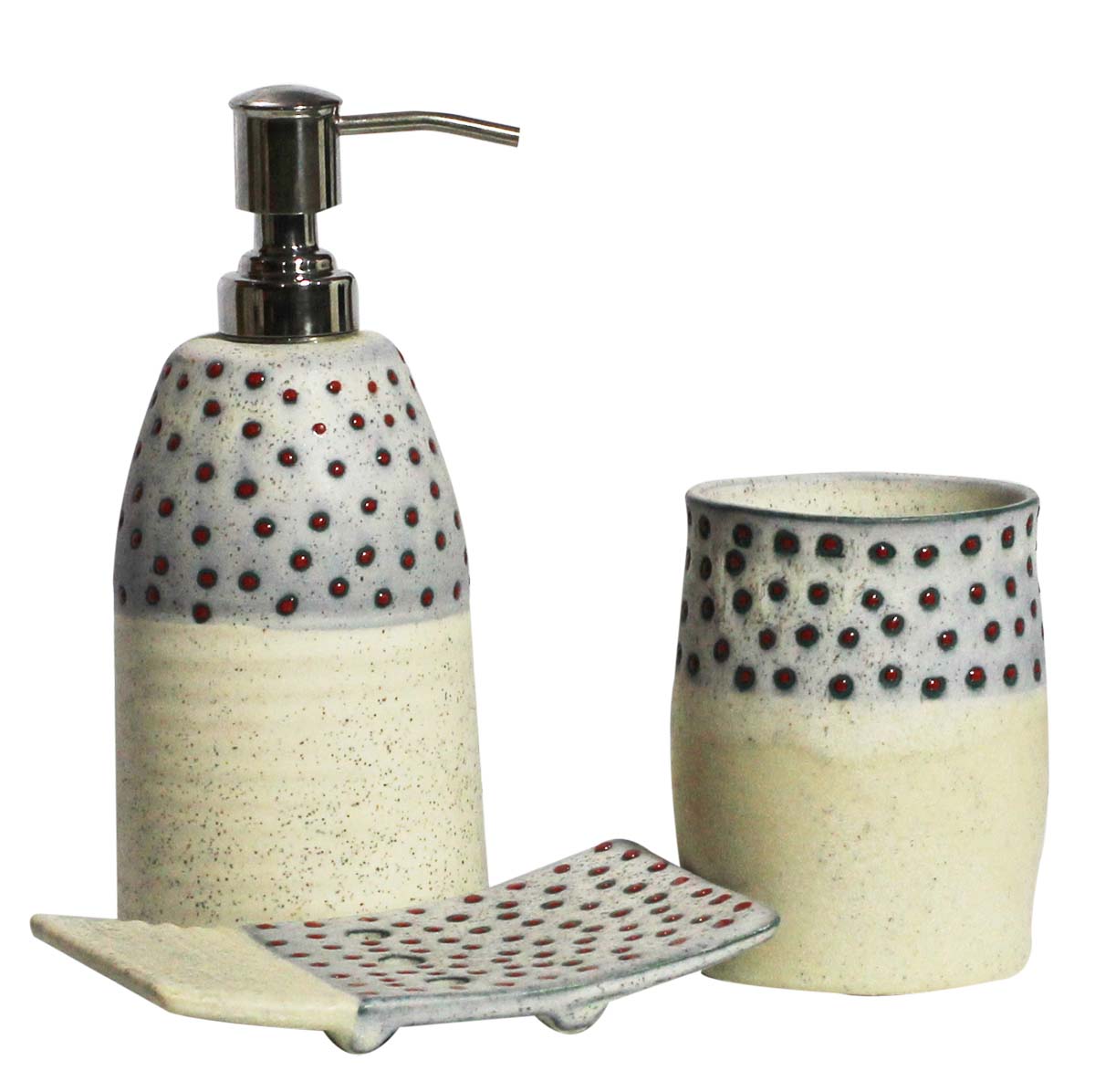 Bulk Wholesale Set of 3 Bathroom Accessories in White & Gray Color with Speckled Effect & Red Dotted Pattern - Handmade in Ceramic - Unique Bath Decor