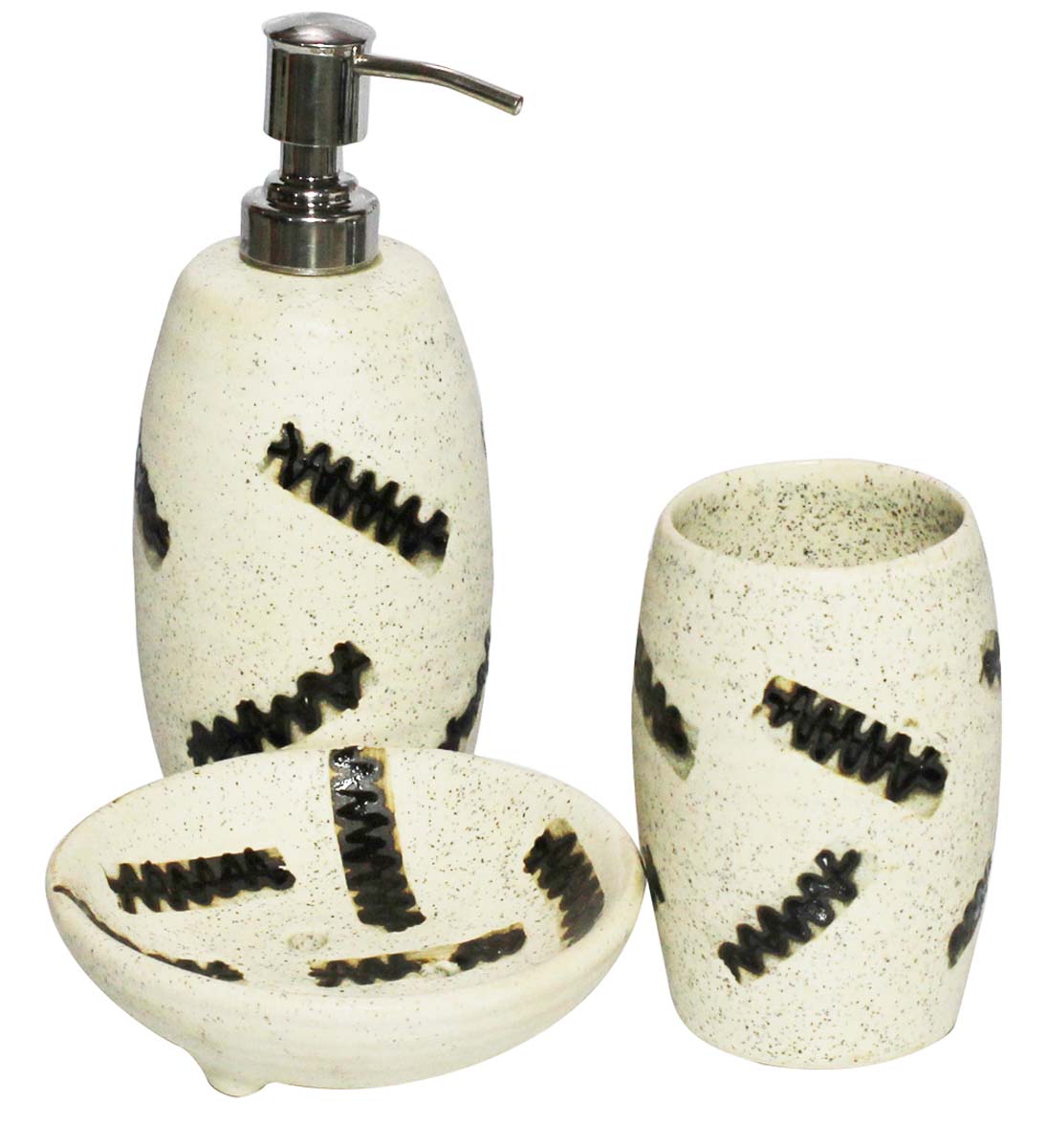 Bulk Wholesale Set of 3 Bathroom Accessories in White Color with Speckled Effect & Abstract Pattern in Black Color - Handmade in Ceramic - Unique Bath Decor
