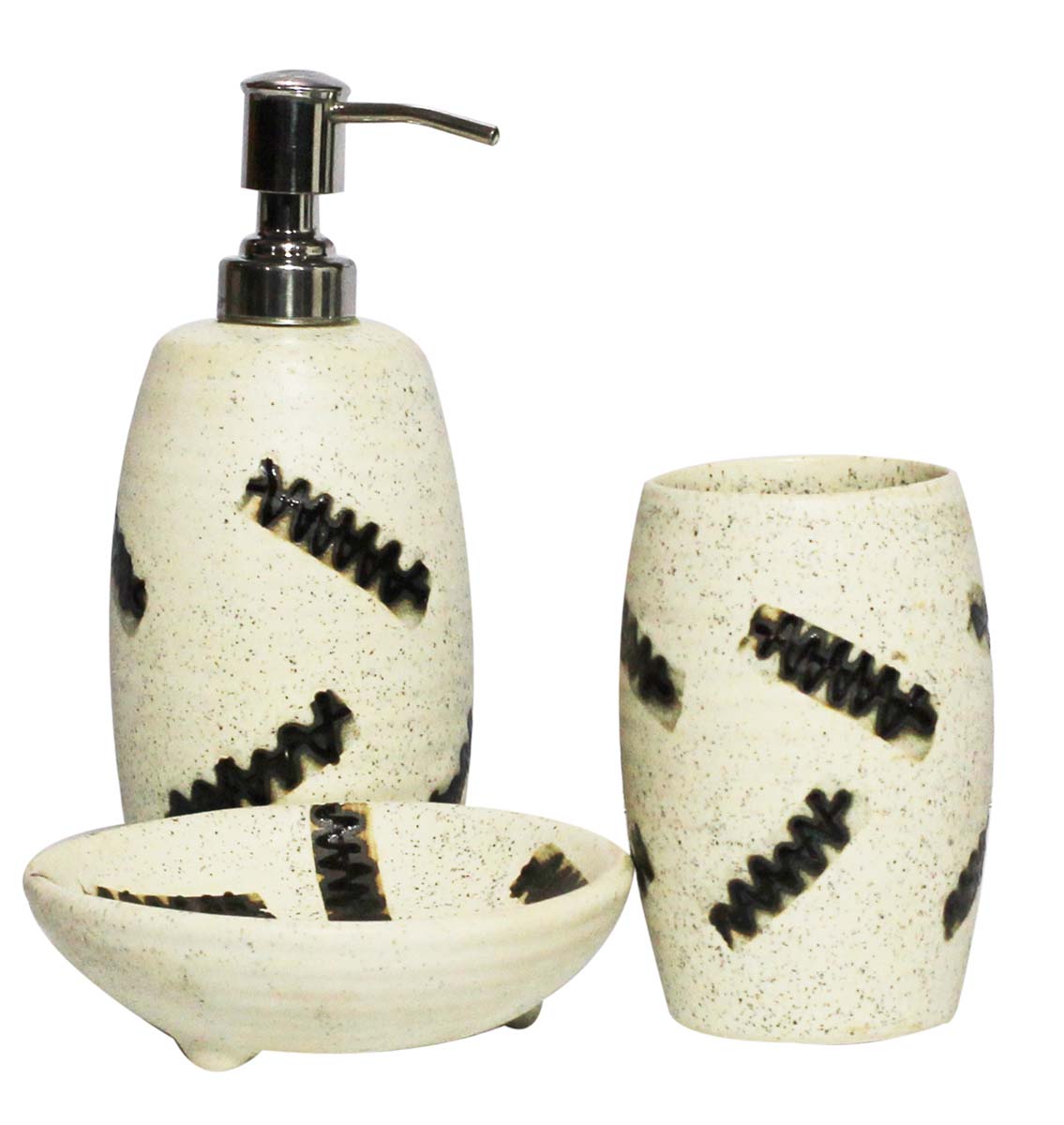 Bulk Wholesale Set of 3 Bathroom Accessories in White Color with Speckled Effect & Abstract Pattern in Black Color - Handmade in Ceramic - Unique Bath Decor