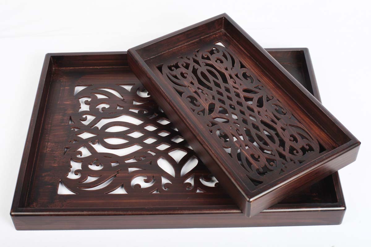 Decorative Trays Set of Two Wholesale – Handmade in MDF – Rectangle Shaped Tray – Intricate Cut-Out Patterning on the Base – Trays in Bulk