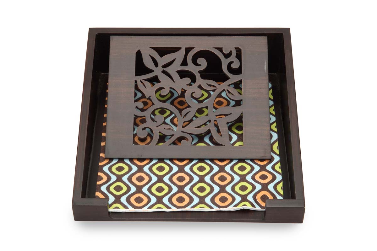 Wholesale Napkin Holders – Handmade in MDF – Brown – Cut-Out Leafy Patterning – Napkin Holders Bulk 