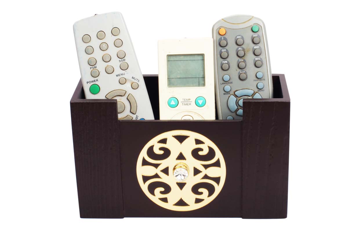 Wholesale Remote Control Holder – Handmade in MDF – Brown – Tree Bark Design – Golden Motif – Faux Gemstone Decoration – Remote Control Holders in Bulk