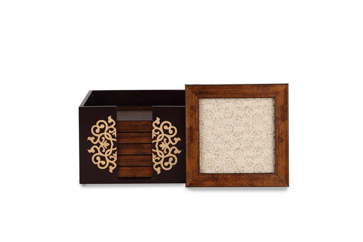 Drink Coasters Wholesale – Set of 6 Coasters + Holder – Handmade in MDF – Brown & Off-White – Coasters Bulk Wholesale 