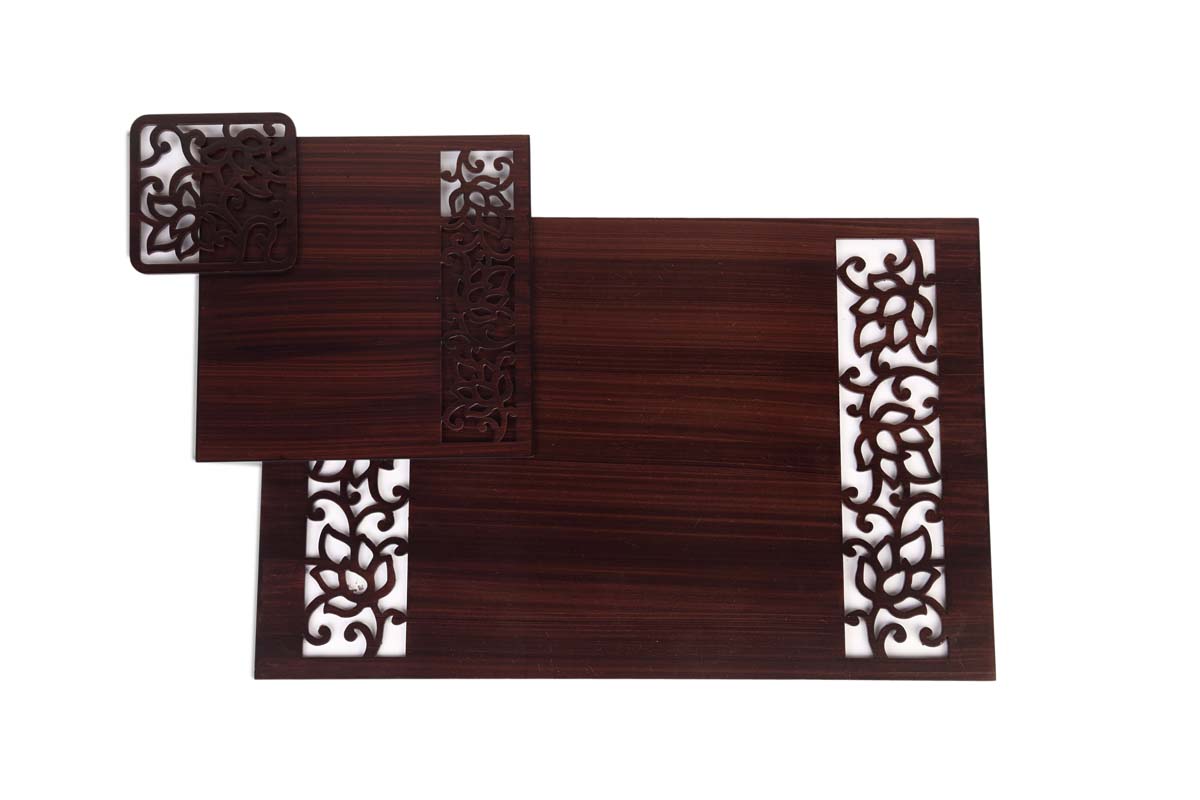 Wholesale Dining Table Accessories – Set of 6 Coasters with stand + Trivet + Placemat – Handmade in MDF – Cut-Out Patterning