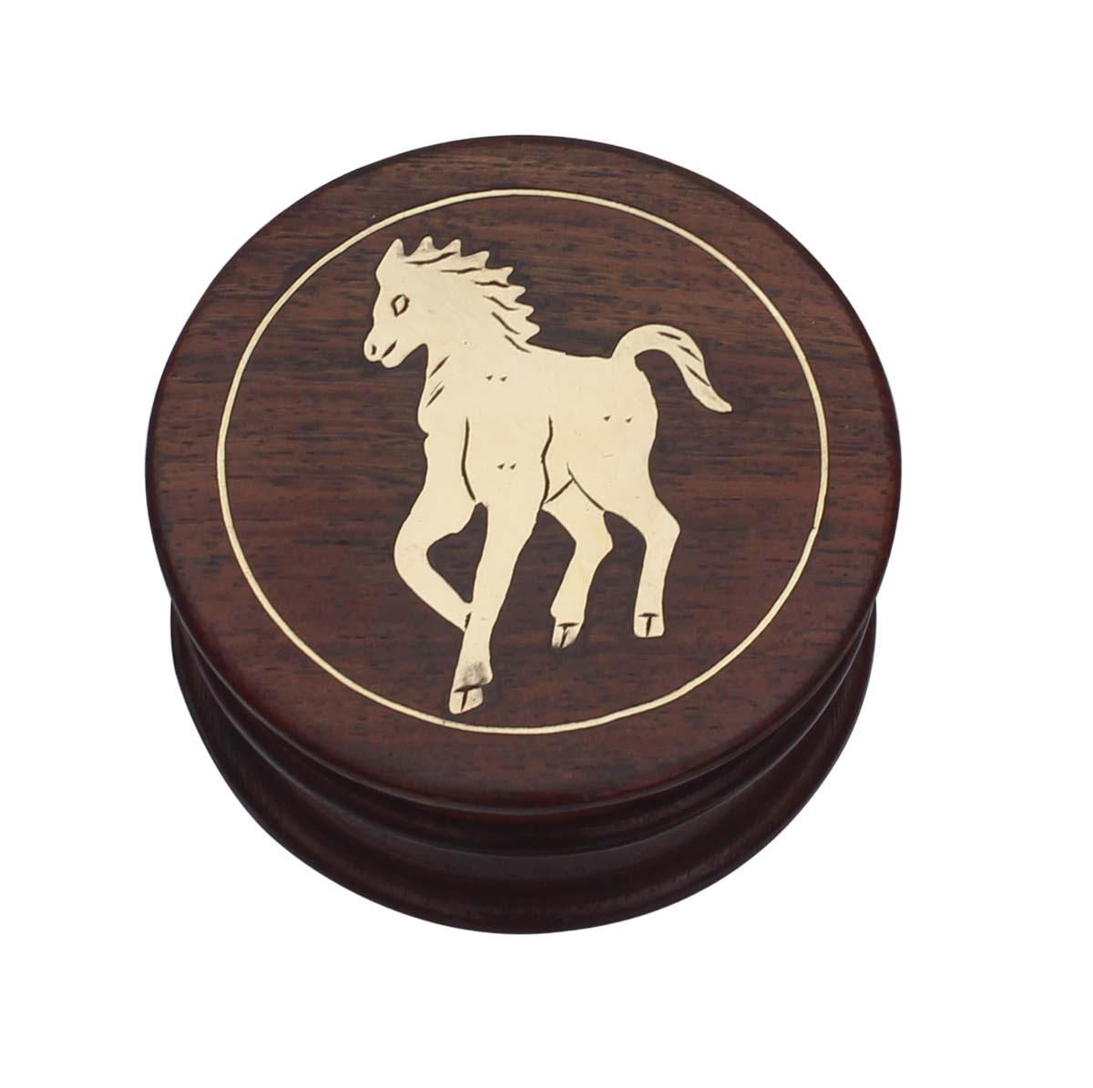 Wholesale Handmade Wood 3.3” Jewelry Box - Bulk Buy Round Brown Storage Box/Keepsake Box/Trinket Box with Horse Design in Brass Inlay Art - Handmade Studs Ring Knickknack Storage/Gift Box from India