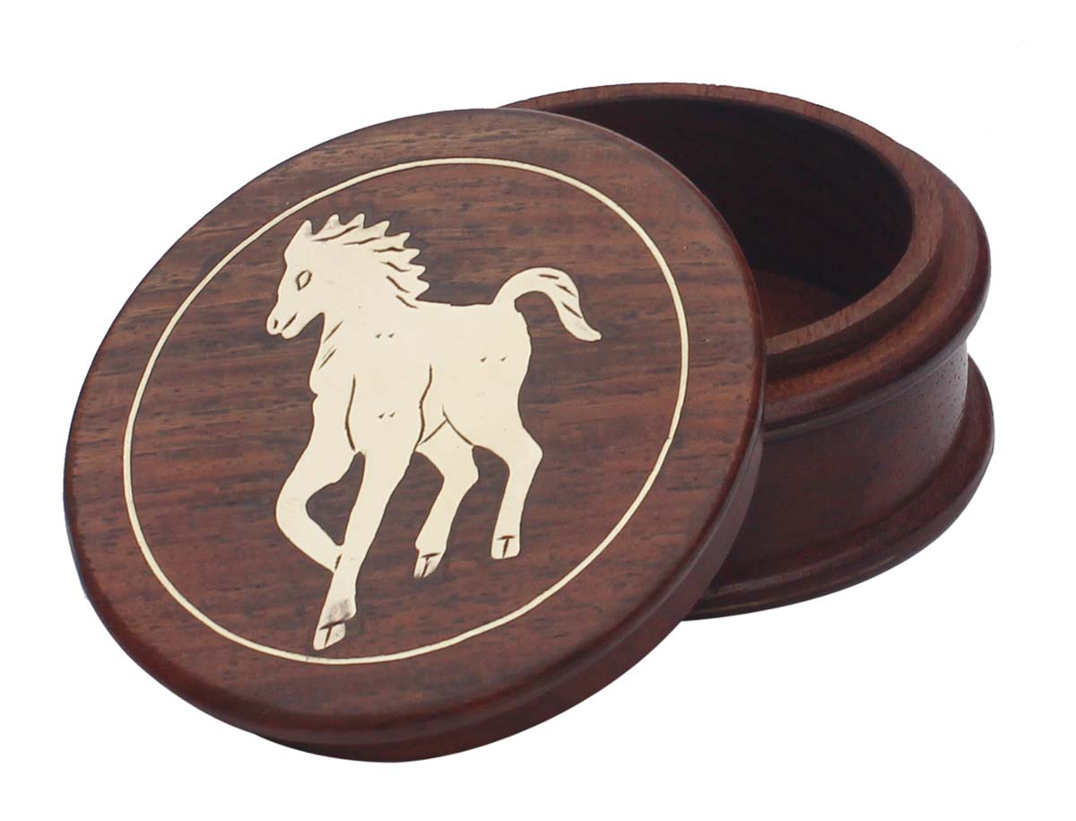 Wholesale Handmade Wood 3.3” Jewelry Box - Bulk Buy Round Brown Storage Box/Keepsake Box/Trinket Box with Horse Design in Brass Inlay Art - Handmade Studs Ring Knickknack Storage/Gift Box from India