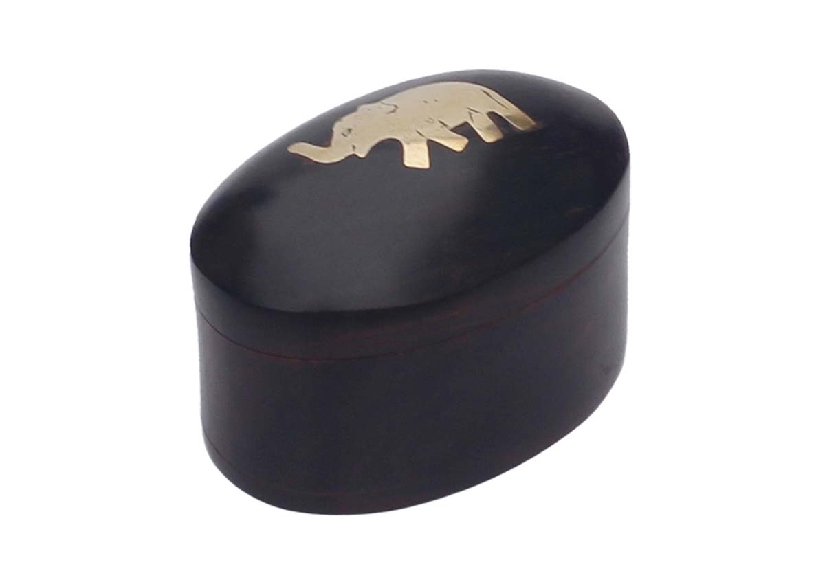 Bulk Buy Handmade Wood 2.7” Jewelry Box - Wholesale Oval-Shaped Black Storage Box/Keepsake Box/Trinket Box with Elephant Design in Brass Inlay Art - Handmade Studs Ring Knickknack Storage/Gift Box from India