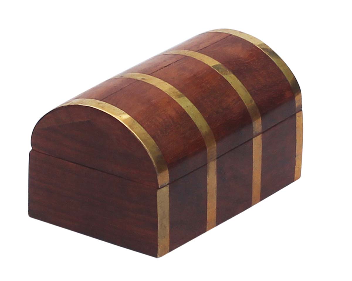 Trunk-Shaped 3” Wooden Brown Jewelry Box in Bulk - Wholesale Hand-Crafted Jewelry Box/Trinket Box with Golden Stripes in Brass Inlay Art from India