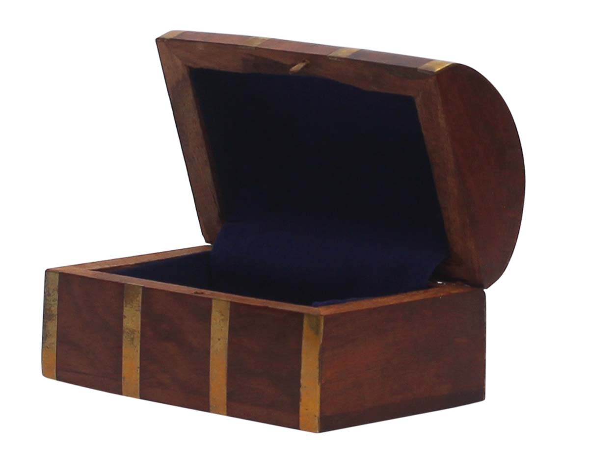 Trunk-Shaped 3” Wooden Brown Jewelry Box in Bulk - Wholesale Hand-Crafted Jewelry Box/Trinket Box with Golden Stripes in Brass Inlay Art from India