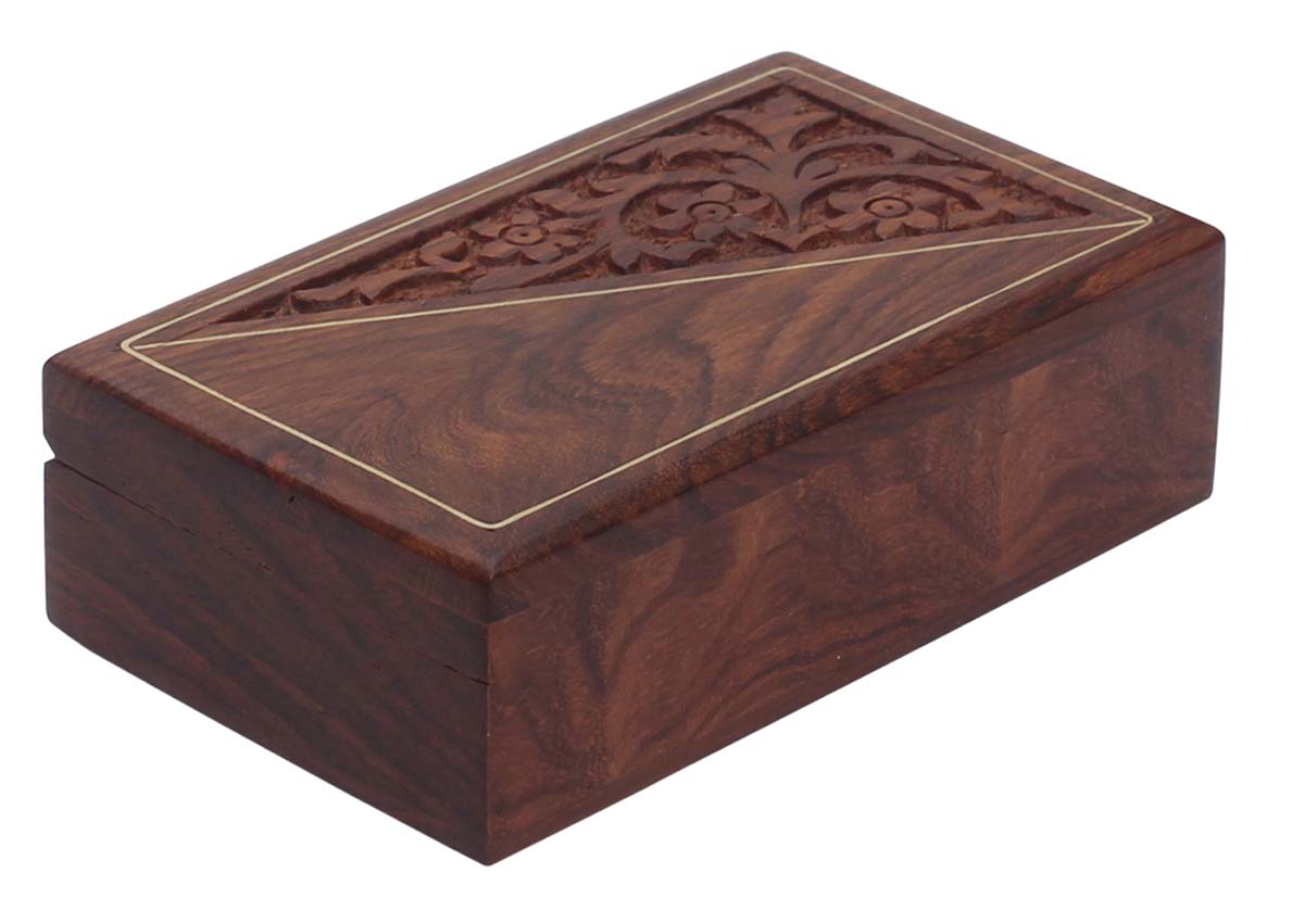 Source 5” Wooden Brown Jewelry Box in Bulk - Wholesale Handmade Jewelry Box/Trinket Box with Brass Inlay Art & Floral Motif Carving from India