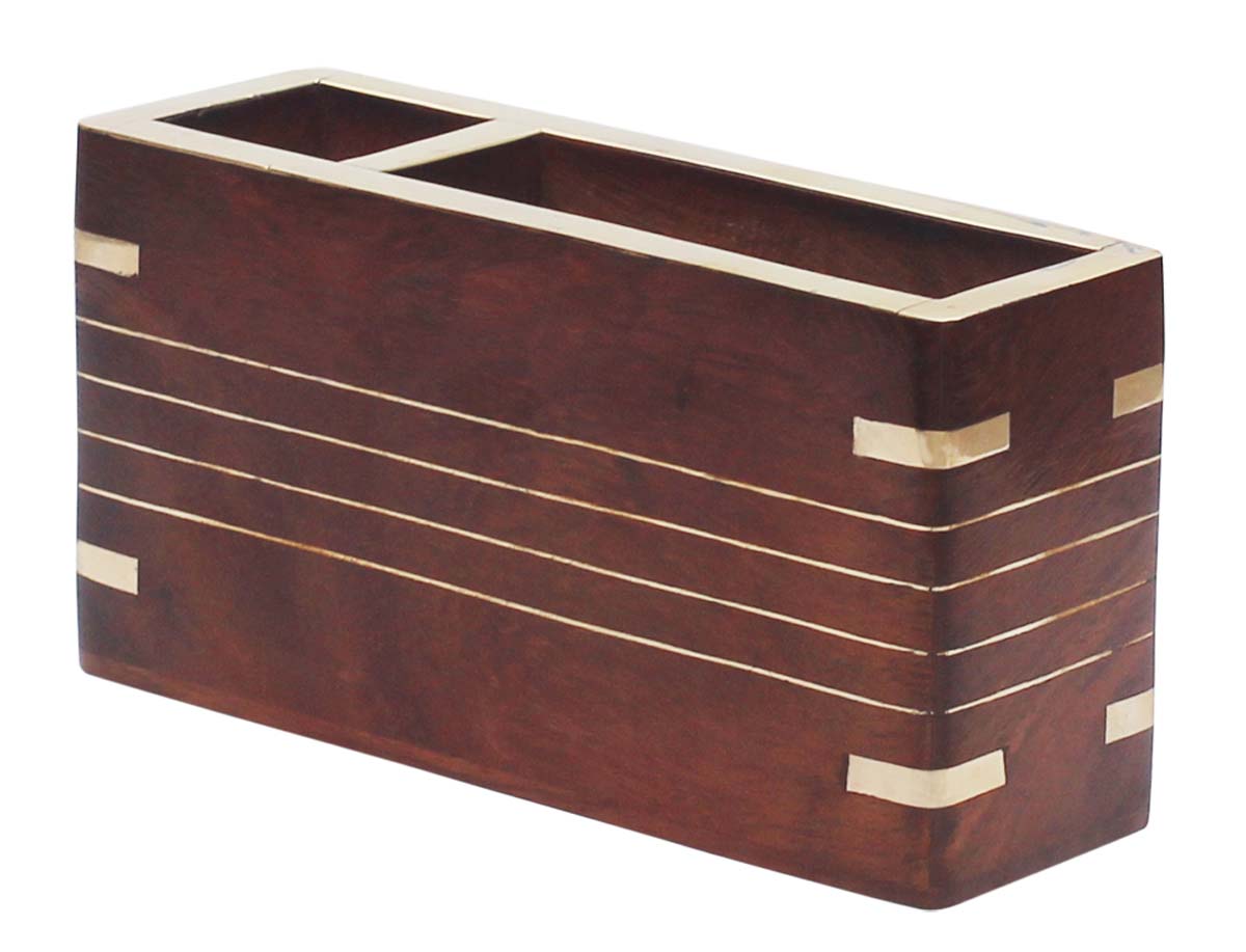 Bulk Wholesale Wooden Stationery Storage Compact Desk Caddy - 2 Compartments - Pen Pencil Holder with Business Cards Holder - Wood With Brass Inlay - Office/Desk Accessories