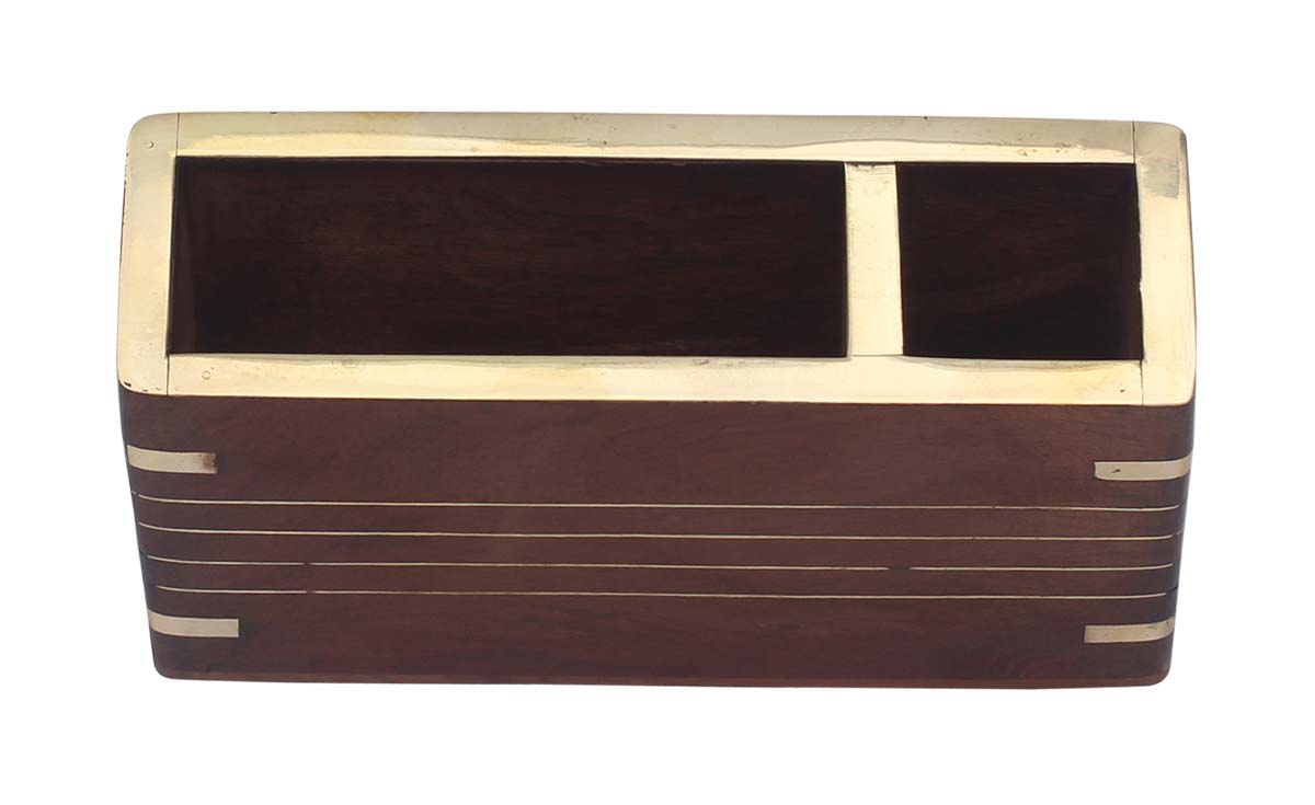 Bulk Wholesale Wooden Stationery Storage Compact Desk Caddy - 2 Compartments - Pen Pencil Holder with Business Cards Holder - Wood With Brass Inlay - Office/Desk Accessories