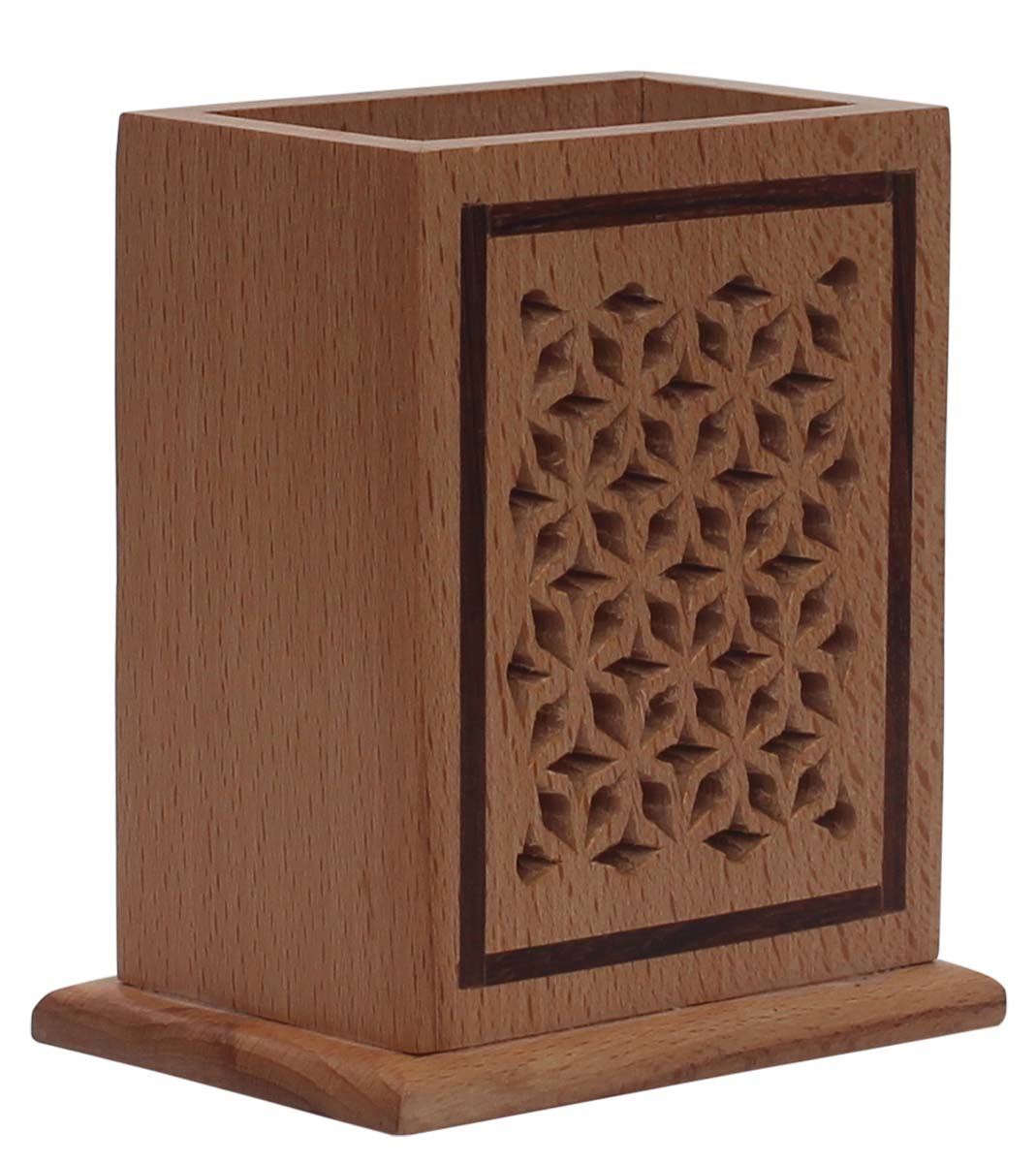 Bulk Wholesale Hand-Crafted 4” Rectangular Pen-Holder in German-Wood Decorated with Open-Work in Traditional-Look Motifs – Ethnic-Style Desk / Office Accessories from India