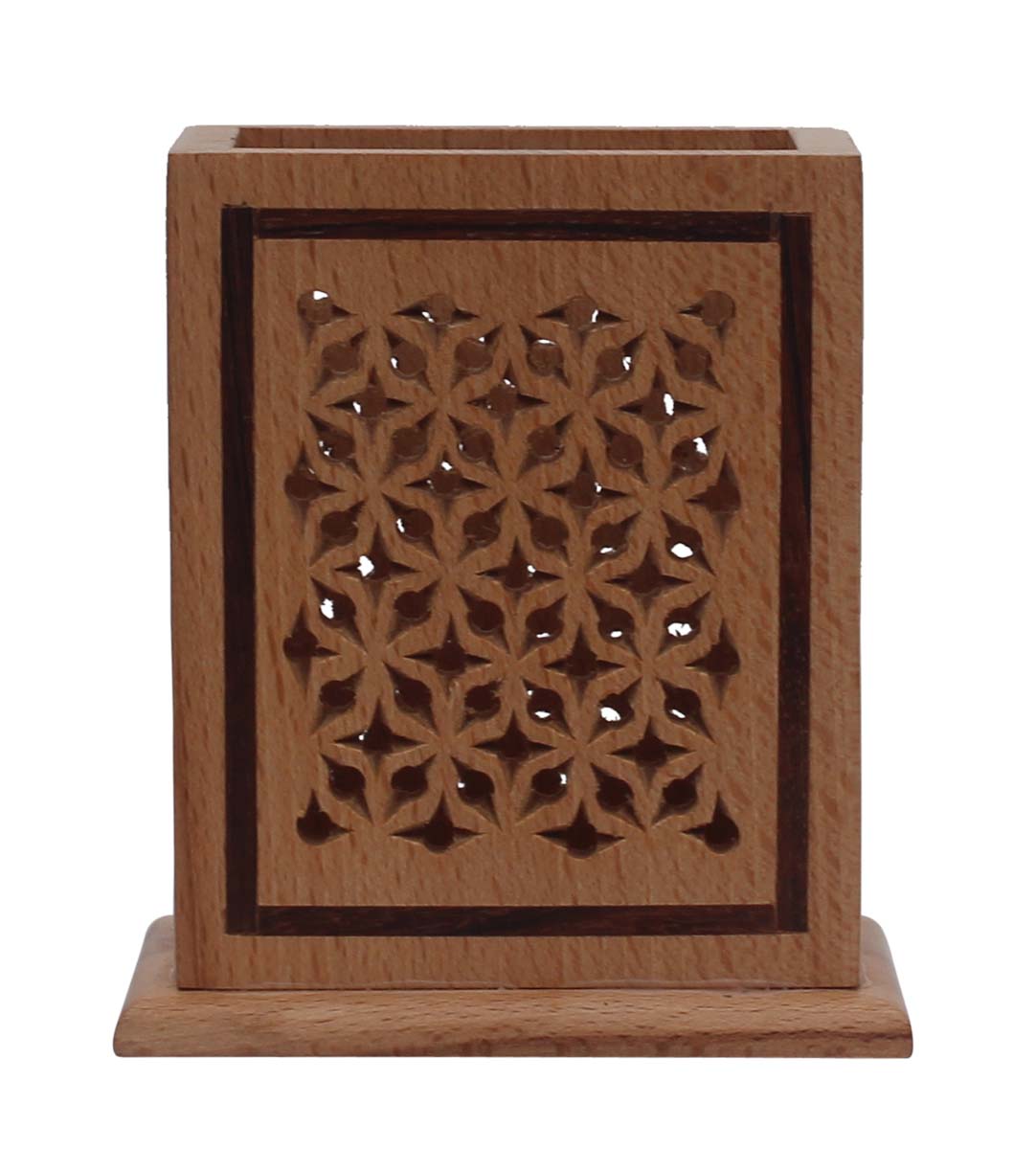 Bulk Wholesale Hand-Crafted 4” Rectangular Pen-Holder in German-Wood Decorated with Open-Work in Traditional-Look Motifs – Ethnic-Style Desk / Office Accessories from India