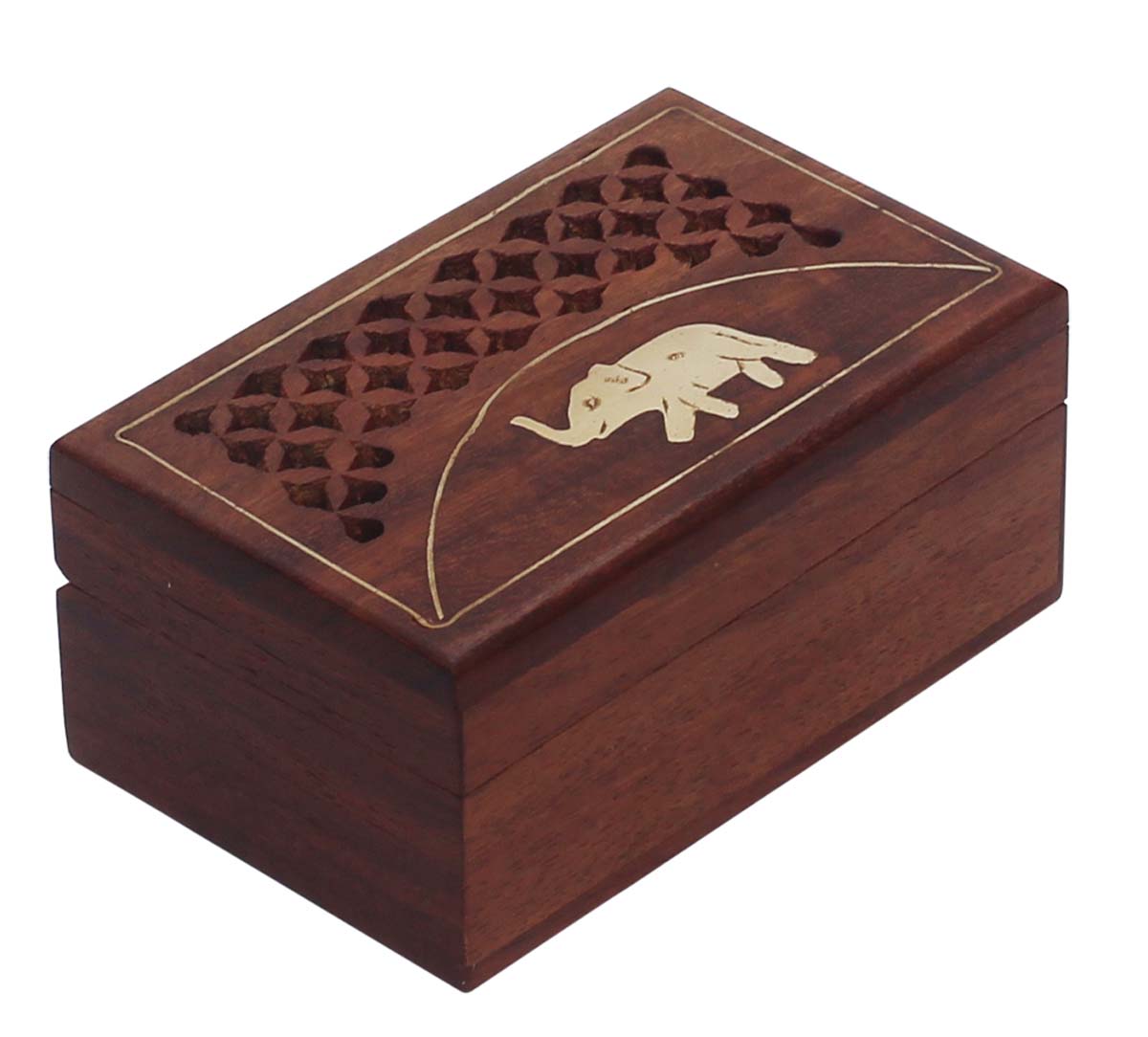 Source Hand-Crafted 3.8” Wooden Jewelry Box in Bulk - Wholesale Handmade Jewelry Box/Trinket Box with Elephant Design in Brass Inlay Art & Open-Work from India