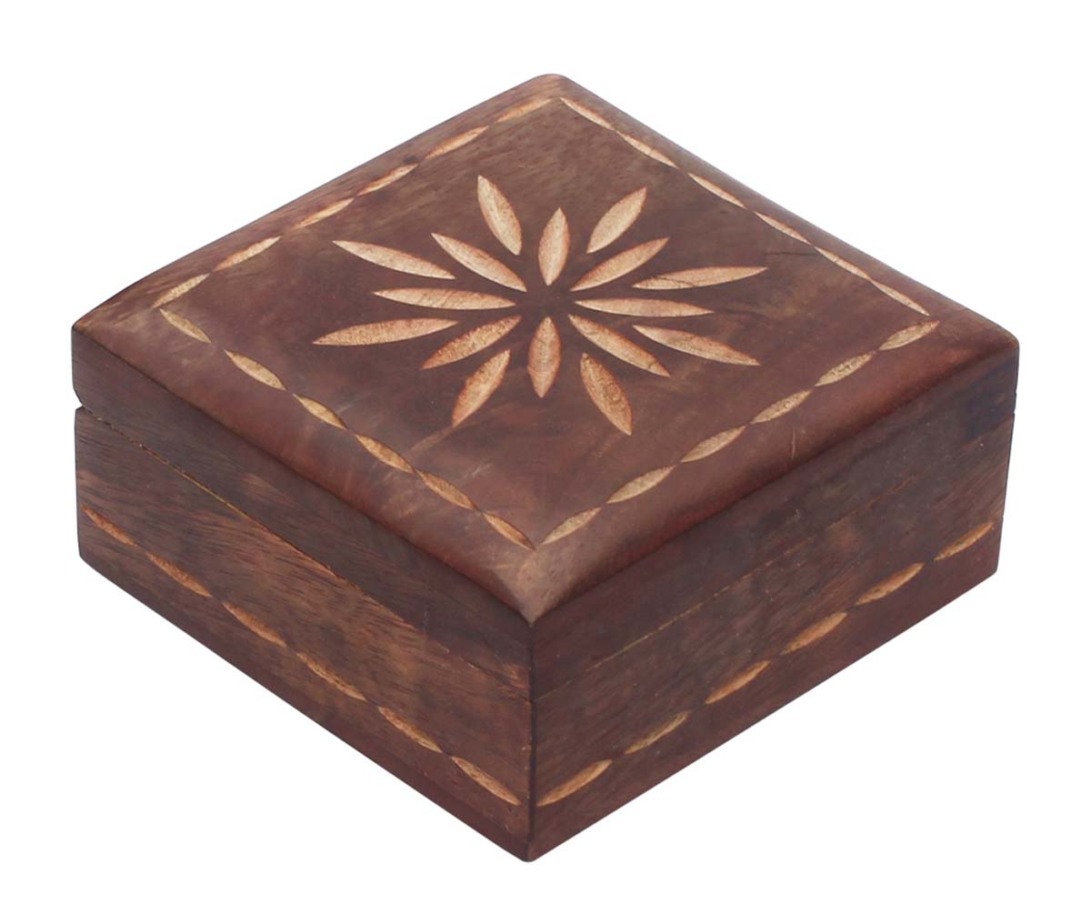 4.1” Wooden Black Jewelry Box in Bulk - Wholesale Handmade Jewelry Box/Trinket Box with Carved Floral Motifs in Traditional Style from India