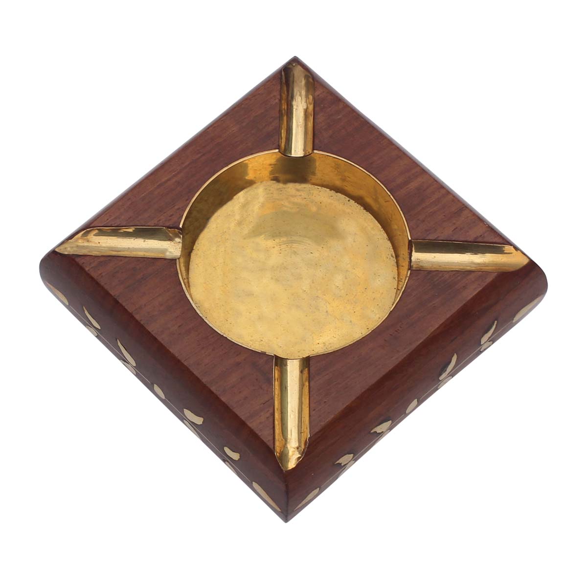 Bulk Wholesale Hand-Crafted 4” Wood Brown Ashtray Decorated with Floral Motifs in Brass Work – Antique-Look Boxes from India