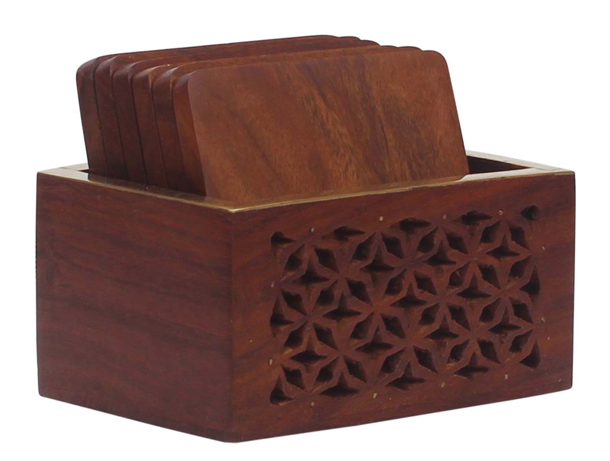 Bulk Wholesale Set of 6 Coasters with a Holder in Wood Decorated with Open-Work in Floral Design - Antique-Look Dining Accessories/Home Decor from India