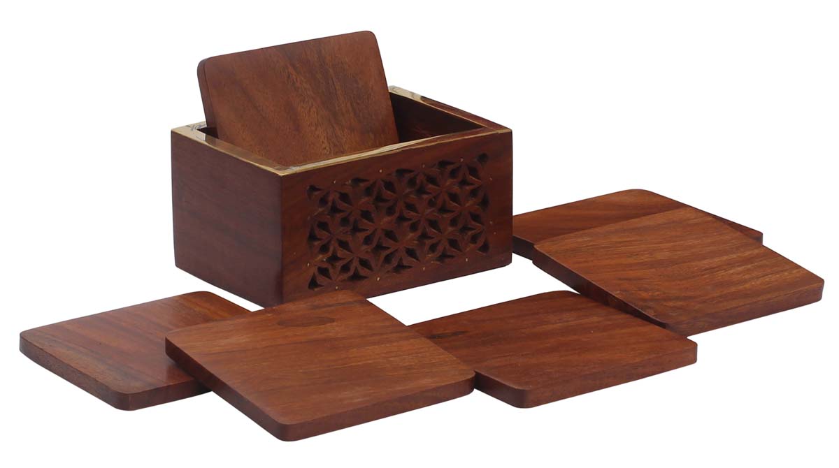 Bulk Wholesale Set of 6 Coasters with a Holder in Wood Decorated with Open-Work in Floral Design - Antique-Look Dining Accessories/Home Decor from India