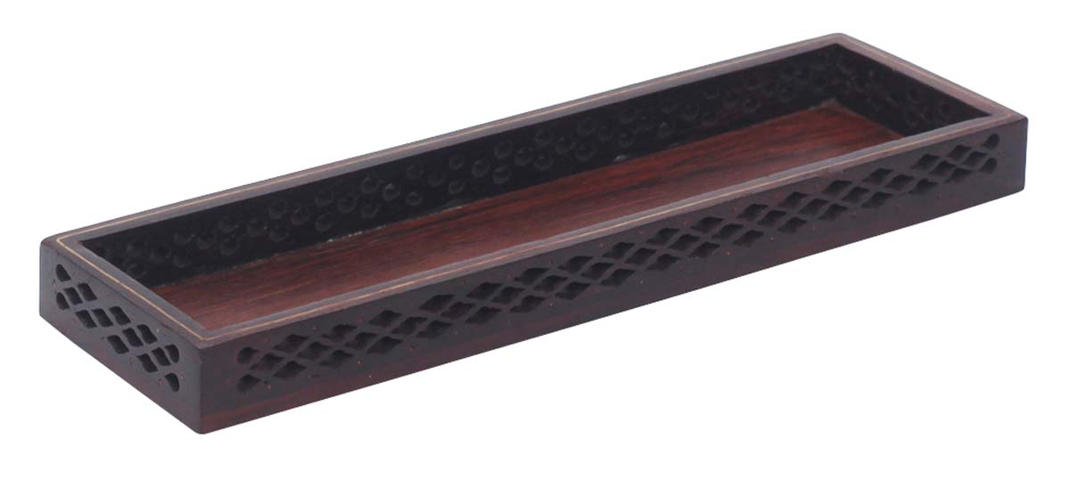 Bulk Wholesale Hand-Carved 10” Rectangular Brown Pen Tray / Holder in Wood Decorated with Open-Work in Traditional-Look Motifs – Ethnic-Style Desk / Office Accessories from India