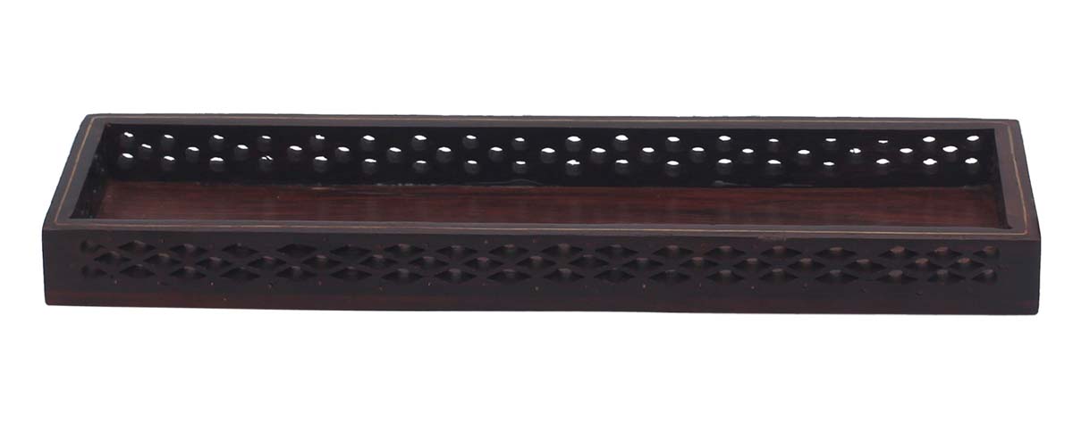 Bulk Wholesale Hand-Carved 10” Rectangular Brown Pen Tray / Holder in Wood Decorated with Open-Work in Traditional-Look Motifs – Ethnic-Style Desk / Office Accessories from India