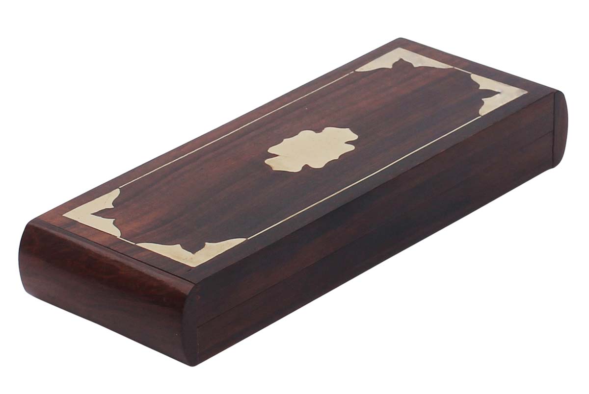 Bulk Wholesale Hand-Carved 8” Rectangular Brown Pen / Pencil Box Holder in Wood Decorated with Brass Inlay Art in Traditional-Look Motifs – Ethnic-Style Desk / Office Accessories from India