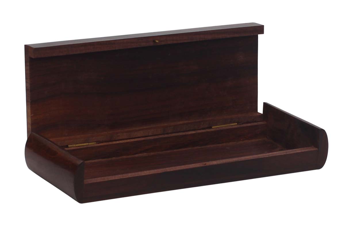 Bulk Wholesale Hand-Carved 8” Rectangular Brown Pen / Pencil Box Holder in Wood Decorated with Brass Inlay Art in Traditional-Look Motifs – Ethnic-Style Desk / Office Accessories from India