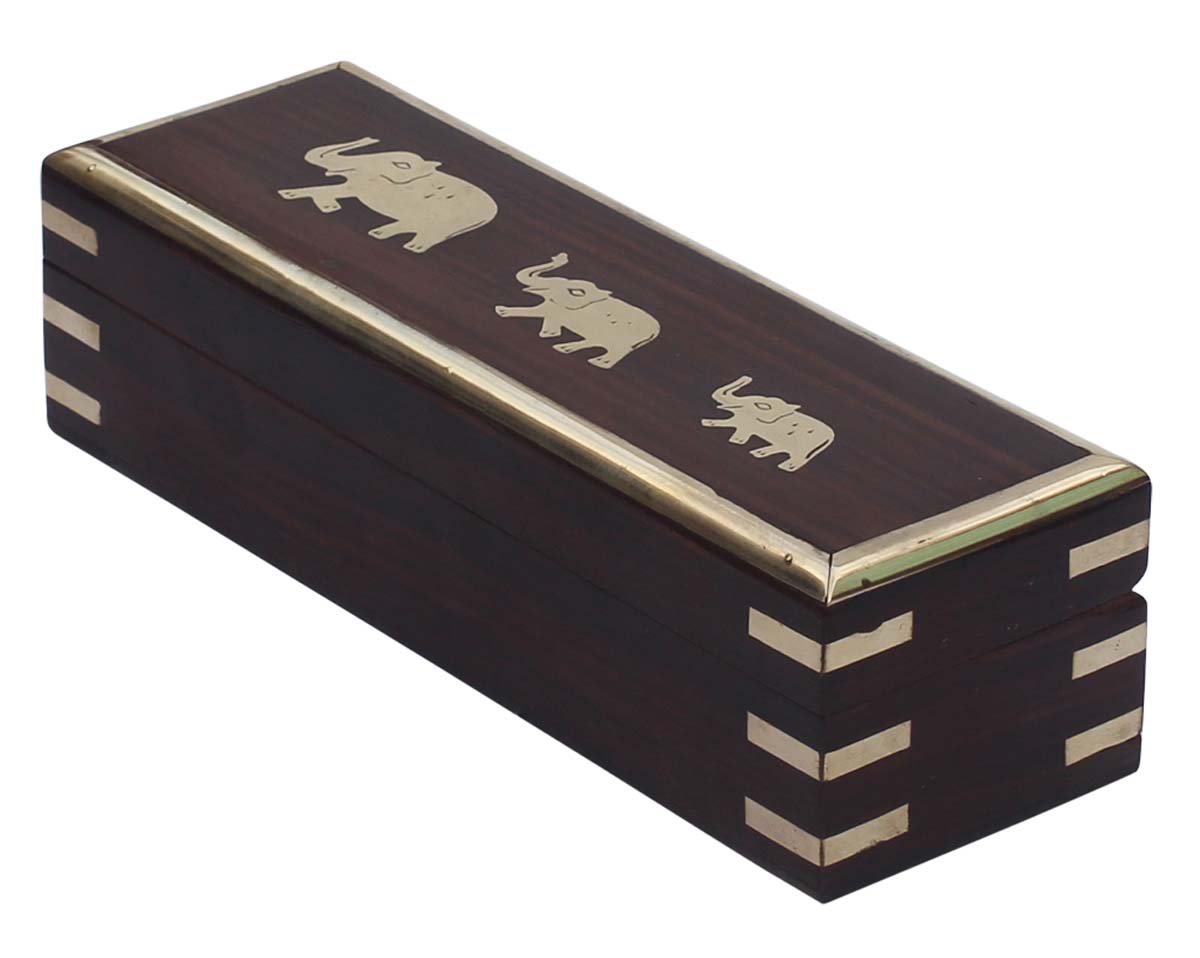 Bulk Buy 9” Wooden Black Jewelry Box - Wholesale Handmade Jewelry Box/Trinket Box Decorated with Brass Inlay Art in Elephant Design Motifs from India