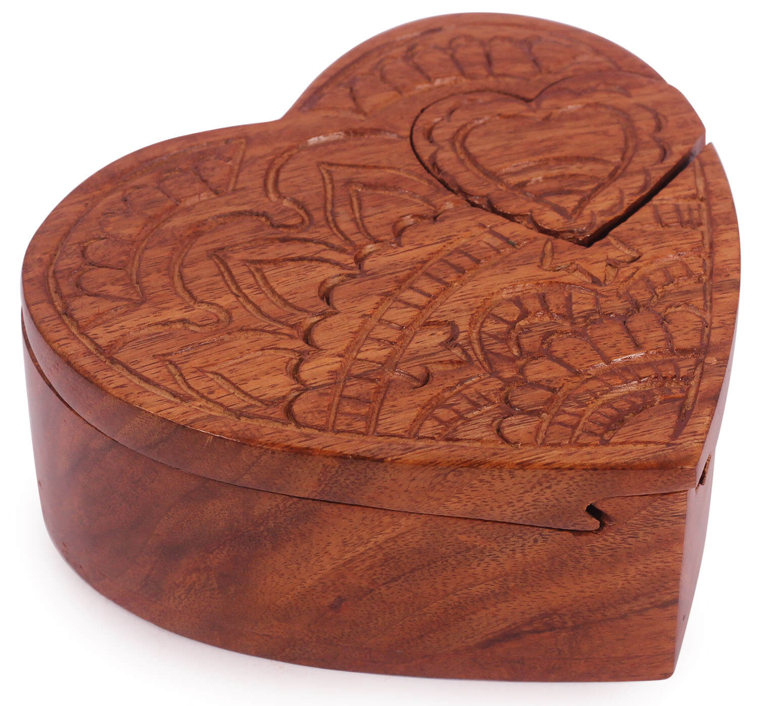 ArtistryBazaar 4.5"WX2"H handmade wooden onlay design on lid natural exotic puzzle box with sliding wooden key and cover inner hidden compartment 